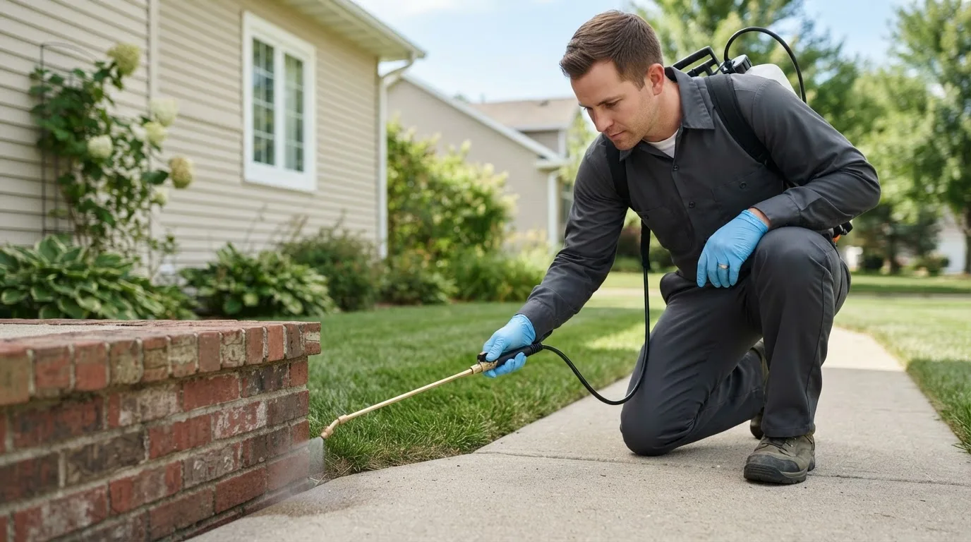 Pest control technician treating a home near Orfordville, WI