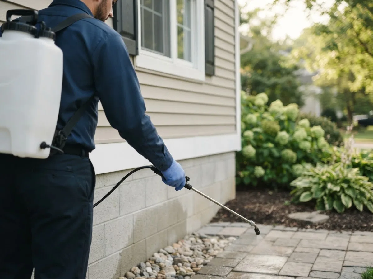 Pest control technician inspecting a home in Orfordville, WI